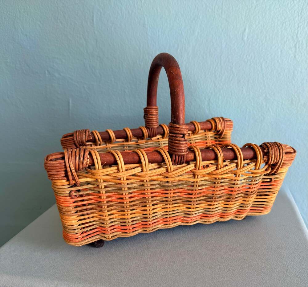 Vintage Woven Rattan Hearth Cradle Basket Miniature Log Basket Mail Holder